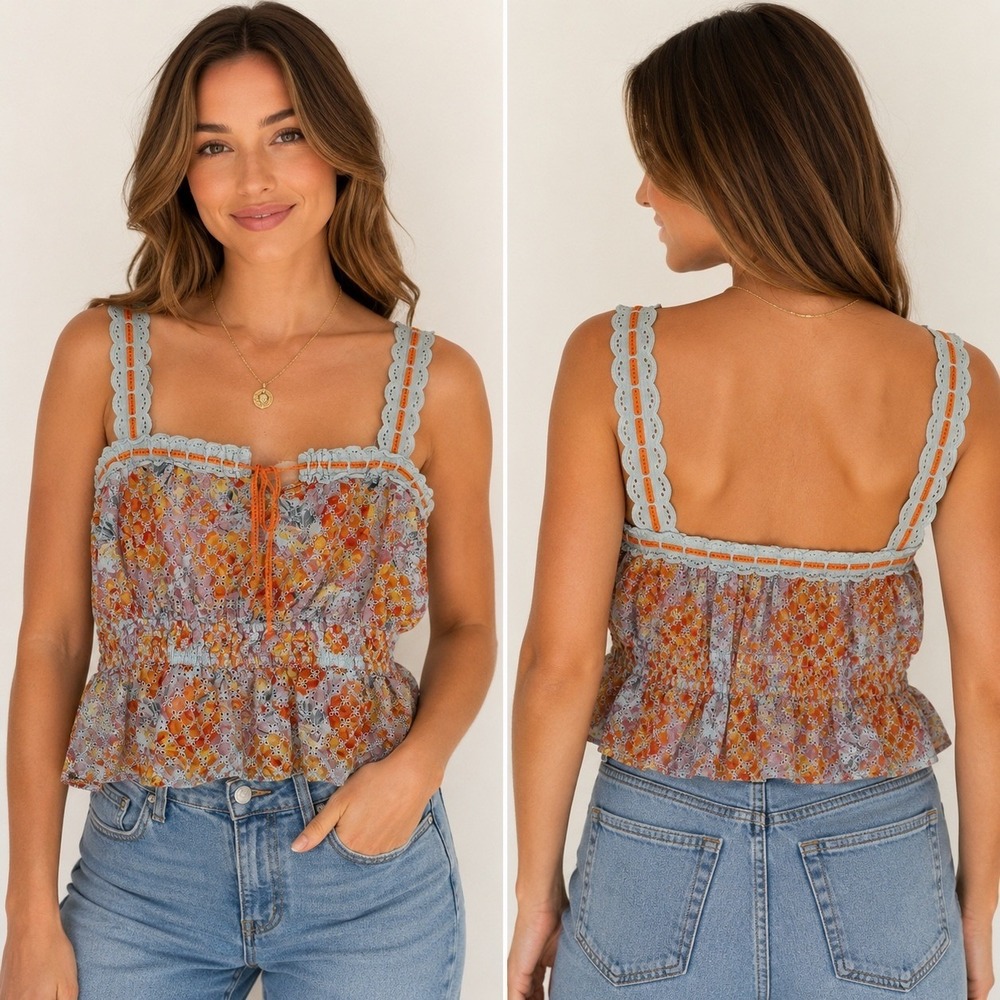 Sam Edelman Floral Eyelet Peplum Lace Cropped Tank Top XL Orange Pink Boho Mint